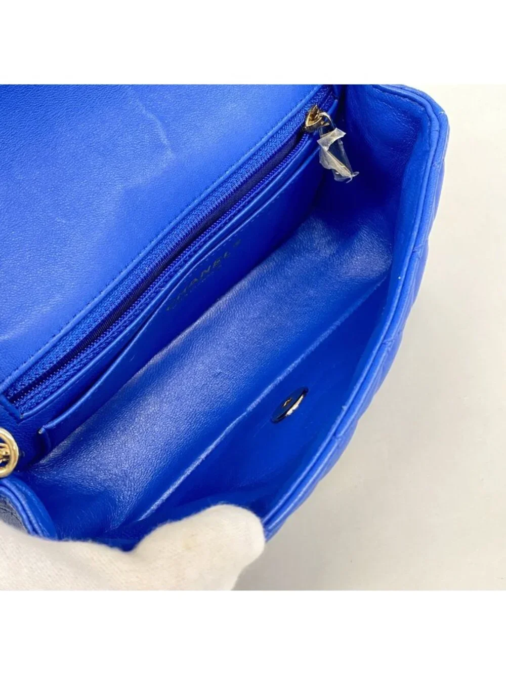 Chanel Shoulder Bag Mini Quilted Lambskin Blue Gold